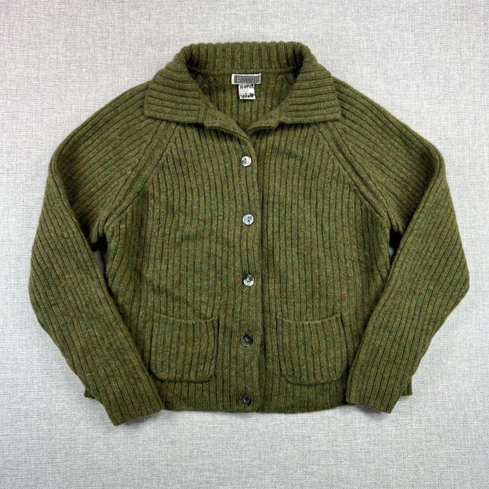 VTG 80s SKYR Wool Cardigan Sweater Women S Green Rib Knit Button Cottage Cozy